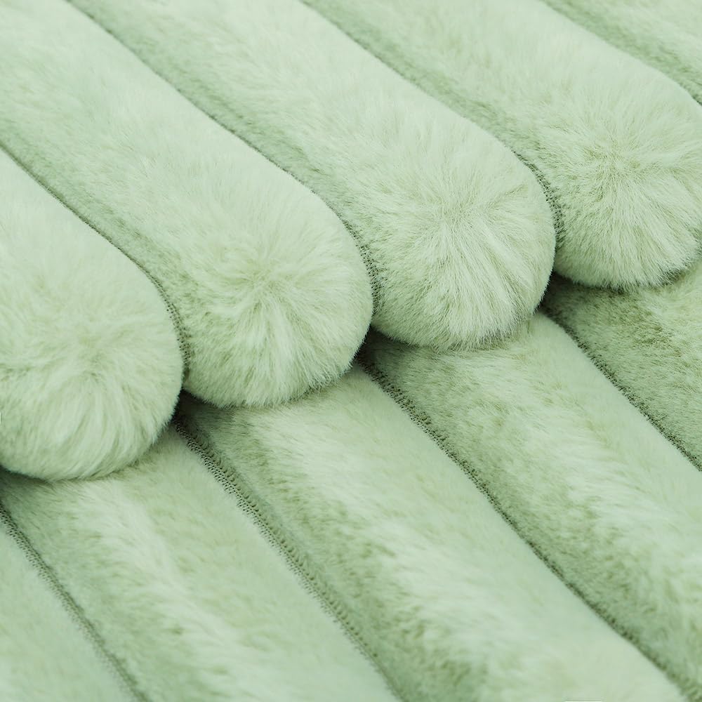 MADIZZ Set of 2 Faux Wool Plush Decorative Throw Pillow Covers 20x20 Inch Light Green Fluffy Striped Soft Decorative Cushion Cover for Sofa Bedroom Pillow Shell