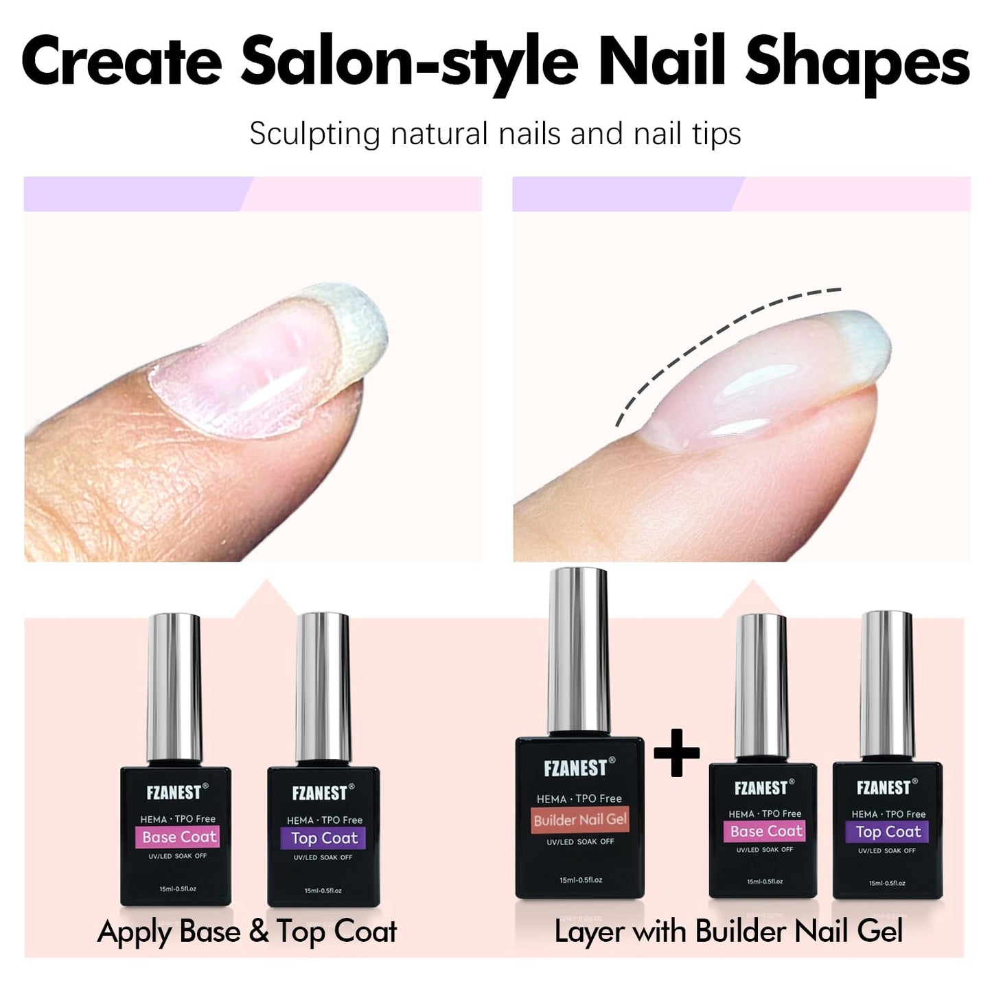 FZANEST Builder Gel With Top and Base Coat HEMA TPO-Free, 15ml * 3pcs Clear Gel Nail Polish Kit for Nail Strengthening Building Apex Extension Soak Off No Wipe Top Coat Base Harden Nails