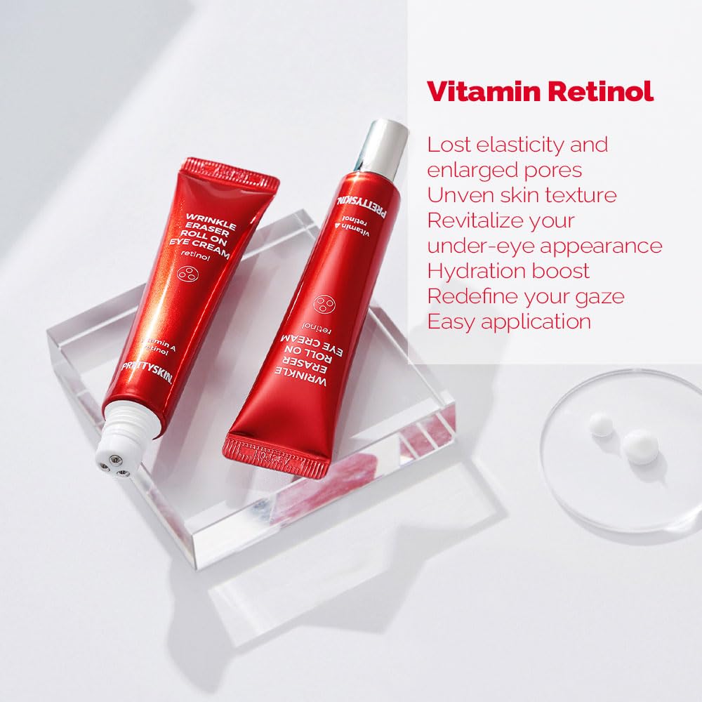 PS.PRETTYSKIN Roll On Eye Cream with Vitamin A and Stainless Steel ball Tip- Under Eye Roller Cream for Elasticity Wrinkles Puffiness Fine Lines-Korean eye cream 30ml/1.01fl.oz. (Retinol)