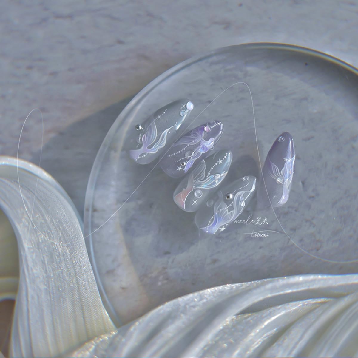 Mermaid Nail Art Stickers Sparkly Fishtail Nail Stickers 5D Embossed Shell Light Style Nail Decals Accessories Mermaid Adhesive Slider Manicure Supplies for Women DIY Decorations