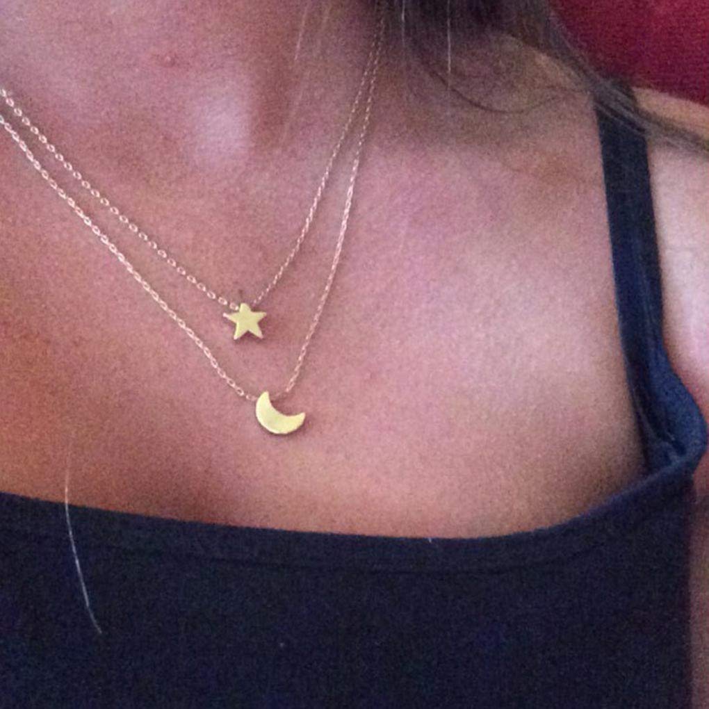 Bohemian Layered Necklace Moon Star Necklace Chain Long Pendant Necklaces Jewelry for Women and Girls (Gold)