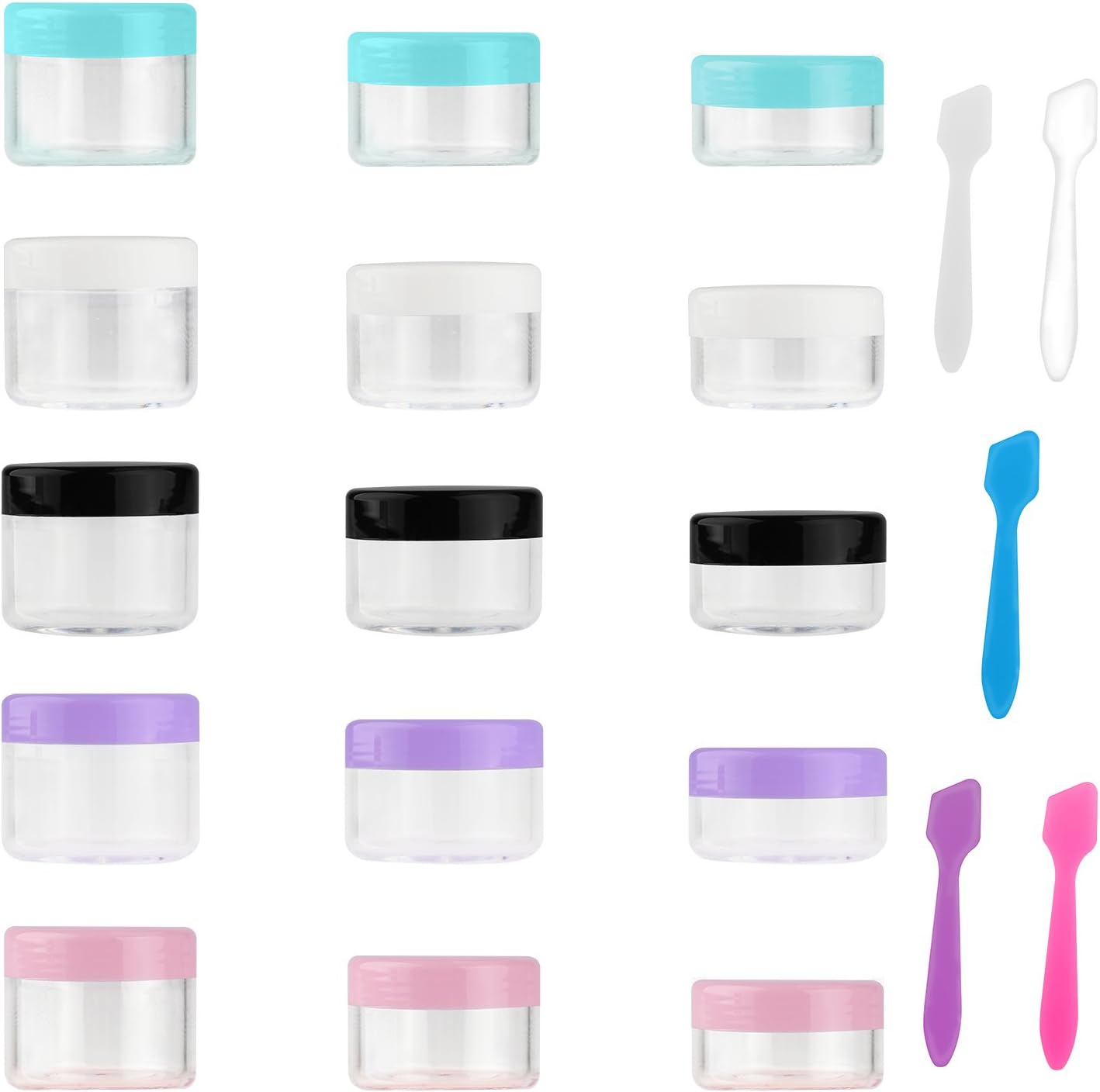 Accmor 15 Pieces Empty Clear Plastic Sample Containers with Lids 10/15/ 20 Gram Size Cosmetic Pots Jars with 5 Pieces Mini Spatulas