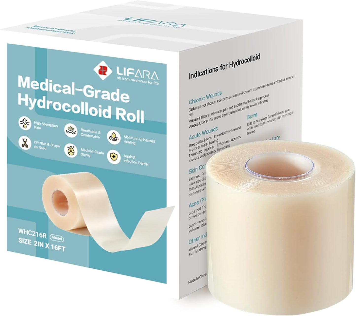 LIFARA Hydrocolloid Roll for Wound Care - Cut-to-Size, Extra Large Hydrocolloid Patch Bandages with Self-Adhesive, Ultra Absorbent, Flexible & Waterproof, First Aid Kit Essential (2in*16ft)