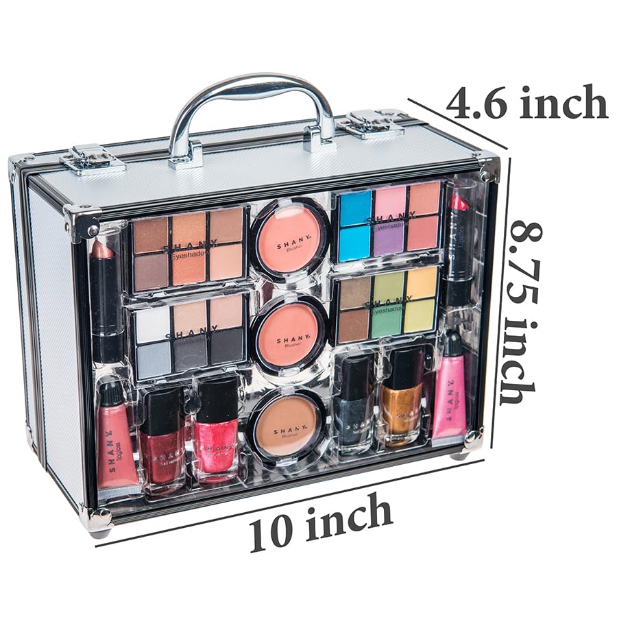 SHANY Carry All Trunk Makeup Train Case with Re-usable Aluminum Makeup Storage Case. Non Toxic Color Make up Set with Eye palettes, Blushes,Makeup Powders, Manicure, Pedicure and Makeup Brushes.