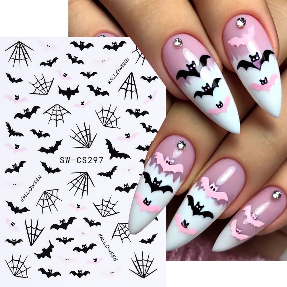 Halloween Nail Art Stickers Ghost Nail Decals 3D Horror Ghost Skull Spider Web Bat Pumpkin Butterfly Self-Adhesive Decals Designs Halloween Nail Supplies for Women Manicure Decorations 3 Sheets