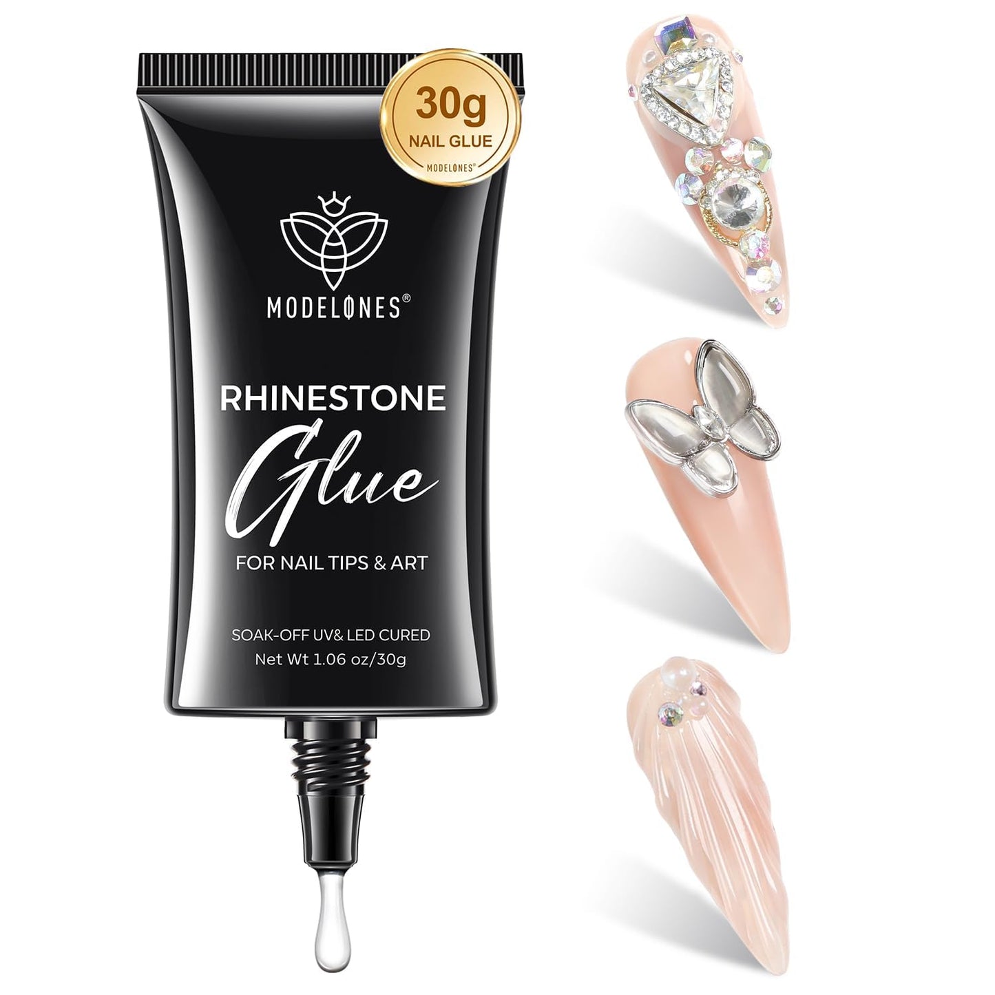 Modelones Manicure Tables Supports Growth 4-in-1 Rhinestone Glue - Super Strong for Press On Nails, Gems, Charms & Rhinestones, No Wipe Nail Art Glue, 30g Cured Needed