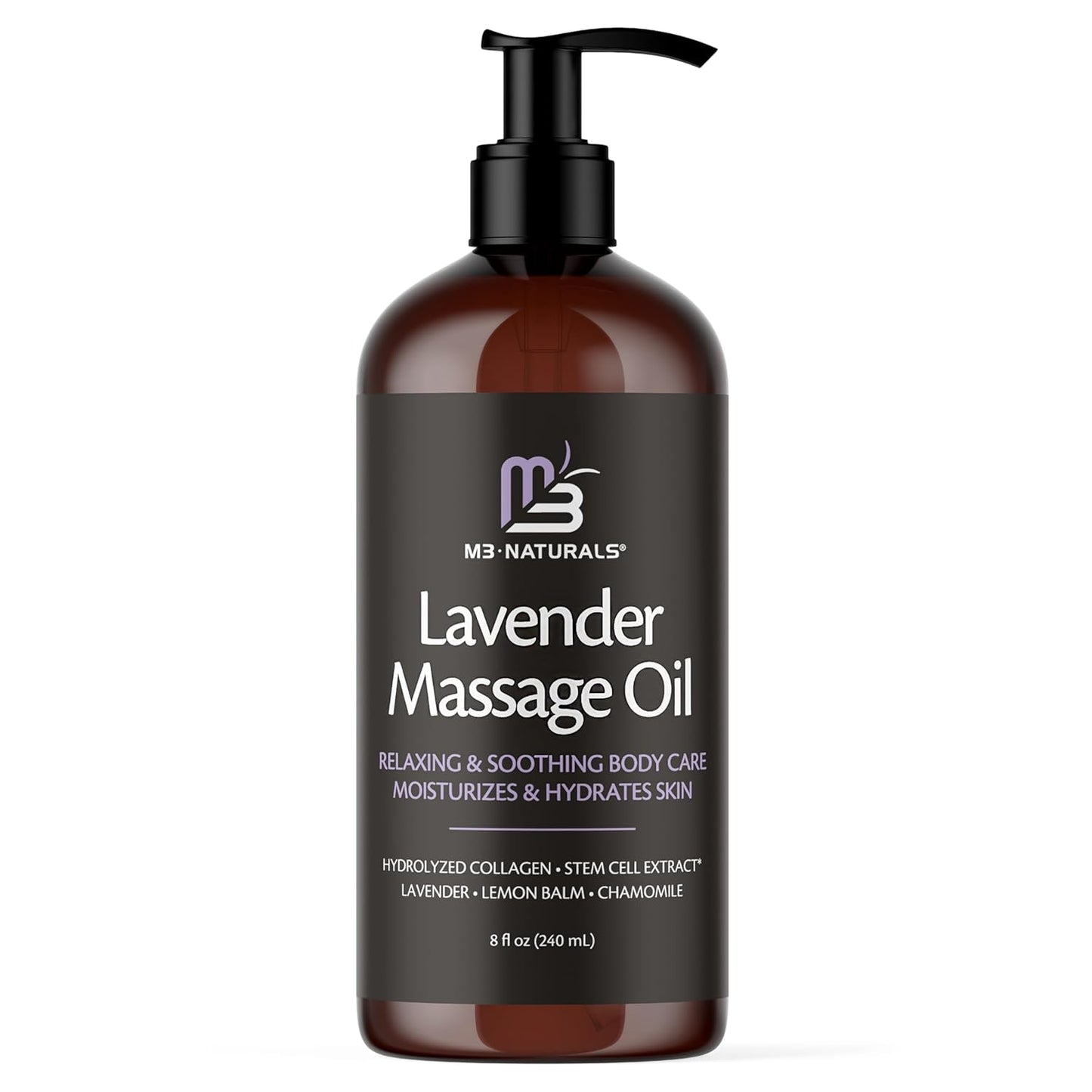 Lavender Sensual Massage Oil with Collagen and Stem Cells, Skin Tightening Therapy for Bum, Thighs, and Belly, Fast-Absorbing Cellulite Oil, 8 fl oz by M3 Naturals