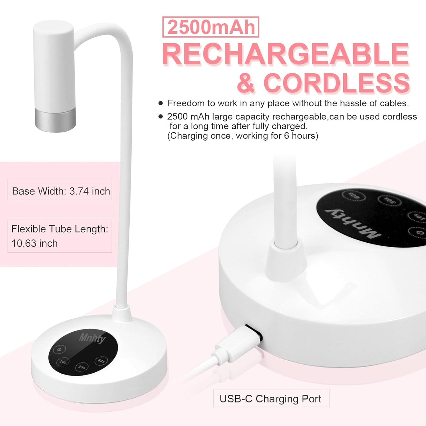 U V LED Nail Lamp, Goose Neck Flash Cure Lamp, Rechargeable Mini U V Light for Gel Nails, Cordless Flash Cure Light with 4 Timers&Sensor, Fast Curing Gooseneck Lamps for Gel X, White