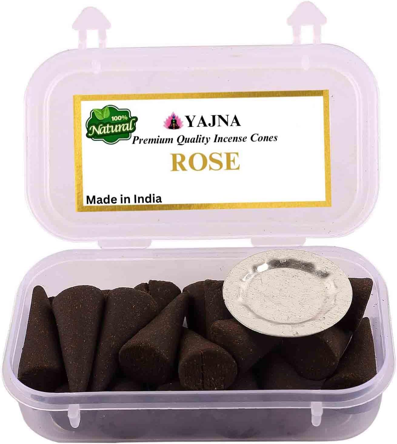 Yajna Rose 100%-Natural-Incense-Cones Handmade-Hand-Dipped Organic-Chemicals-Free for-Purification-Relaxation-Positivity-Yoga-Meditation The-Best-scents (60 Count)