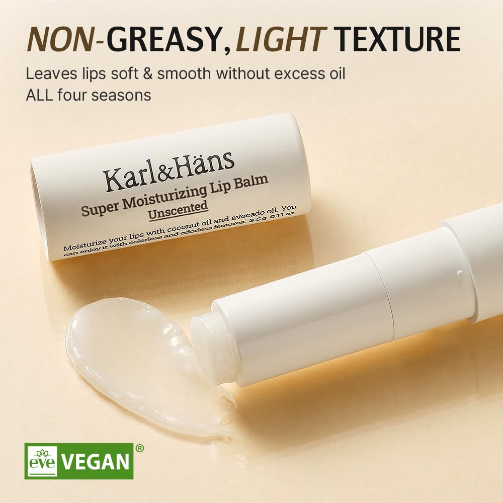 Karl&Hans Super Moisturizing Lip Balm - Unscented with Coconut & Avocado Oil for Lip Repair and Care, Soothes and Hydrates Dry Lips with Natural and Nourishing Formula - 1 Count