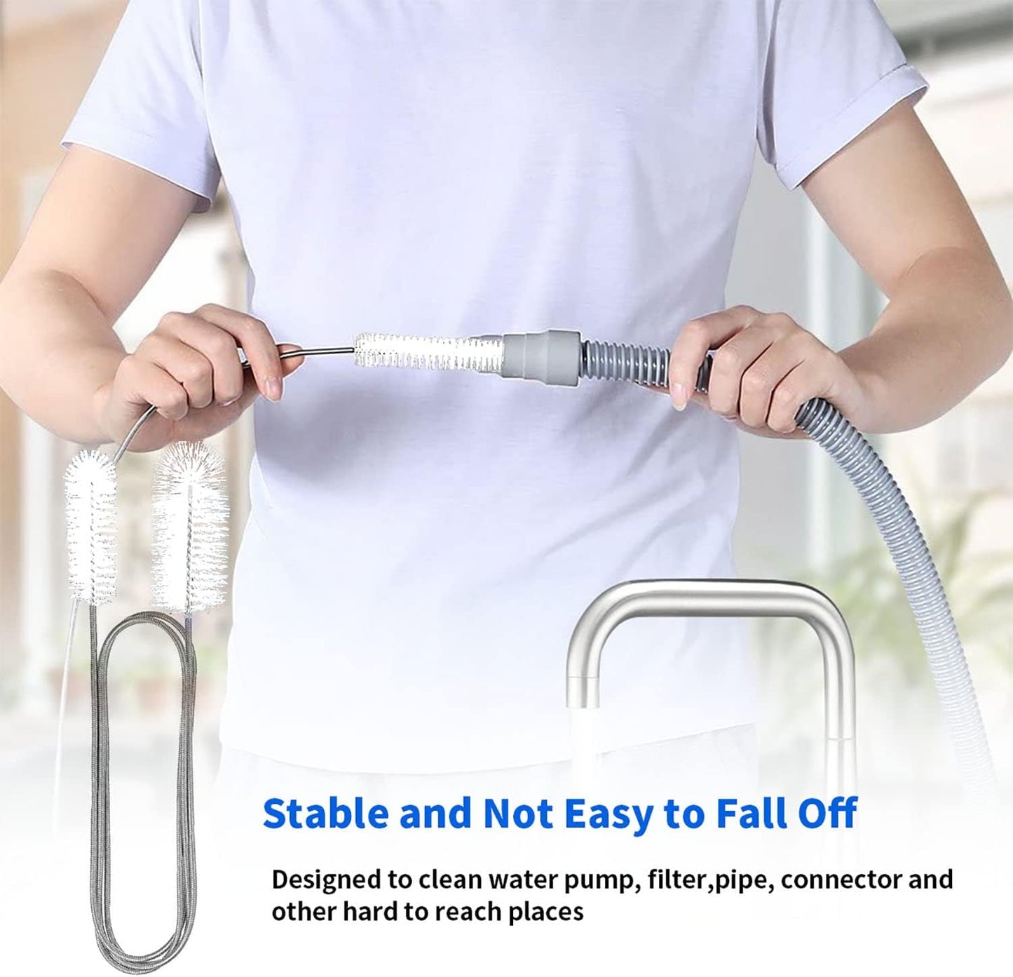 10 Pcs Flexible Drain Brush Straw Cleaner Brush Set,Pipe Cleaners Brush,61Inch Stainless Steel Double-Ended Hose Brush 8.2Inch Nylon Long CPAP Tube Cleaning Brush for Home Kitchen Sink Plumbing(White)