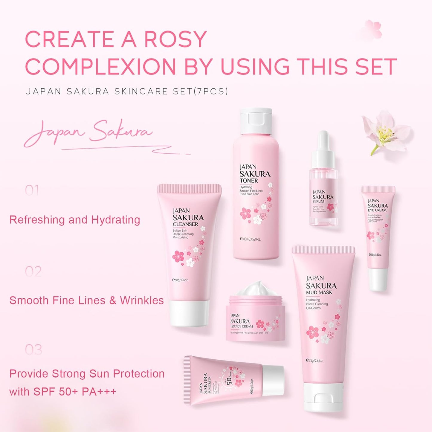 Skin Care Set JAPAN-SAKURA Women Beauty Gift Sets Skin Care Kit, Self-Care Skincare Set: Cleanser,Toner,Serum,Cream,Mud Mask,Eye Cream,Sunscreen, Facial Kit for Women Teen Girls Mom Daughter 7pcs