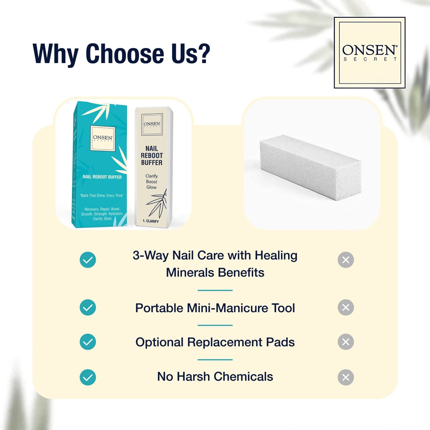 Onsen Secret Professional Nail Buffer Block | 4-Way Buffing for Natural Shine & Healthy Natural Nails - Includes 2 Extra Shine Pads, Salon-Quality, Post-Gel & Acrylic Recovery | 1 Pack