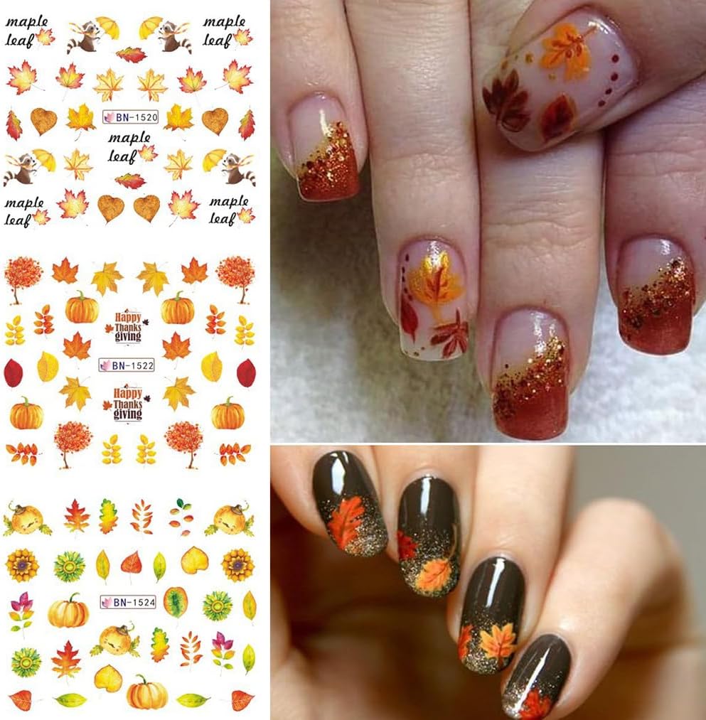 12 Sheets Fall Maple Leaf Nail Art Stickers Autumn Water Transfer Nail Decals Thanksgiving Day Nail Art Supplies Turkey Pumpkin Leaves Scarecrow Nail Design Slider Stickers for Women Nail Decorations