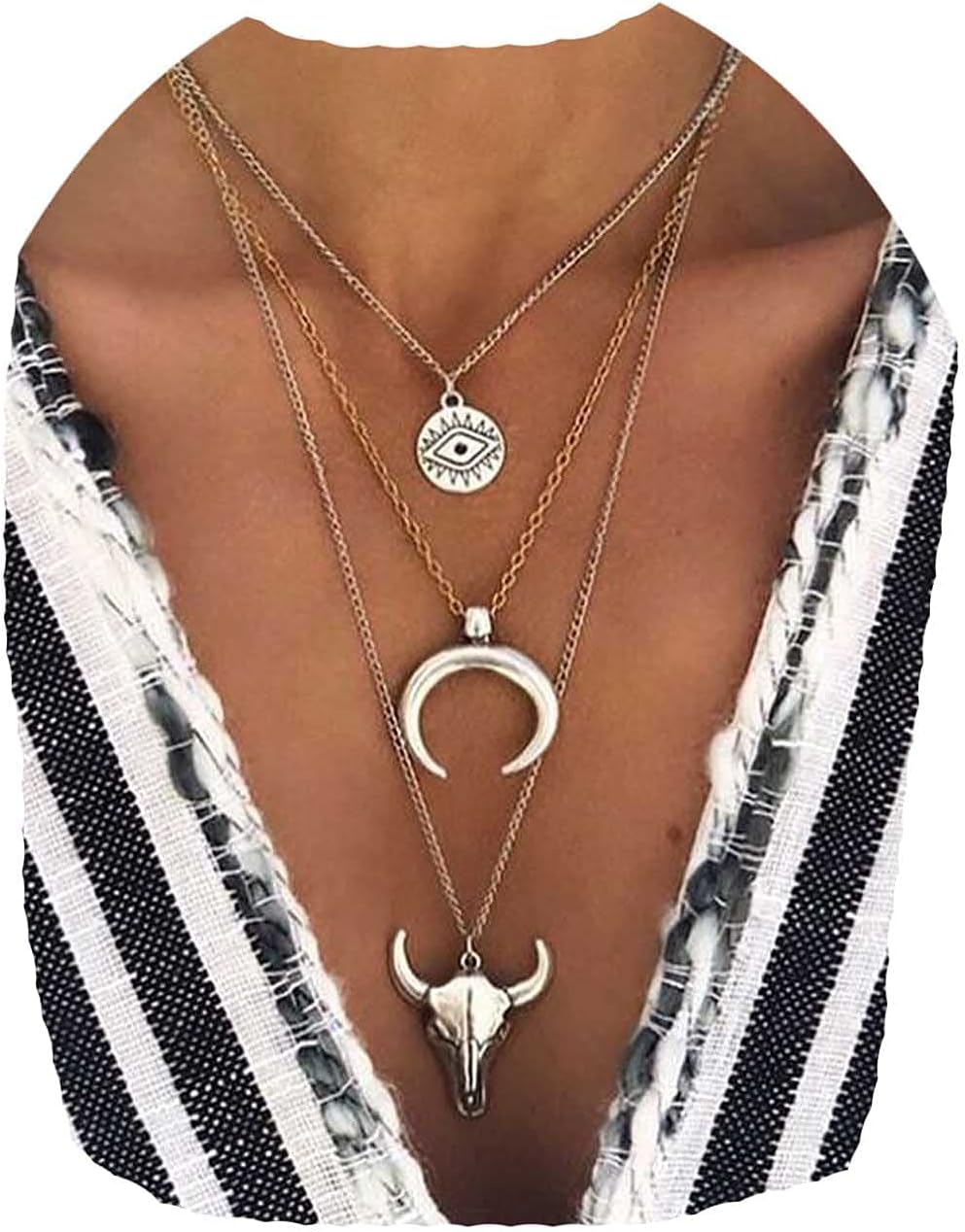 Boho Layered Moon Necklace Silver Compass Disc Pendant Necklace Chain Cow Evil Eye Charm Necklace Jewelry for Women