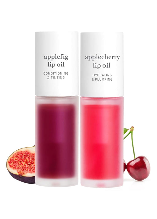NOONI Korean Vegan Lip Oil - Applefig, 0.12 Fl Oz + Korean Lip Oil - Applecherry, 0.12 Fl Oz Bundle