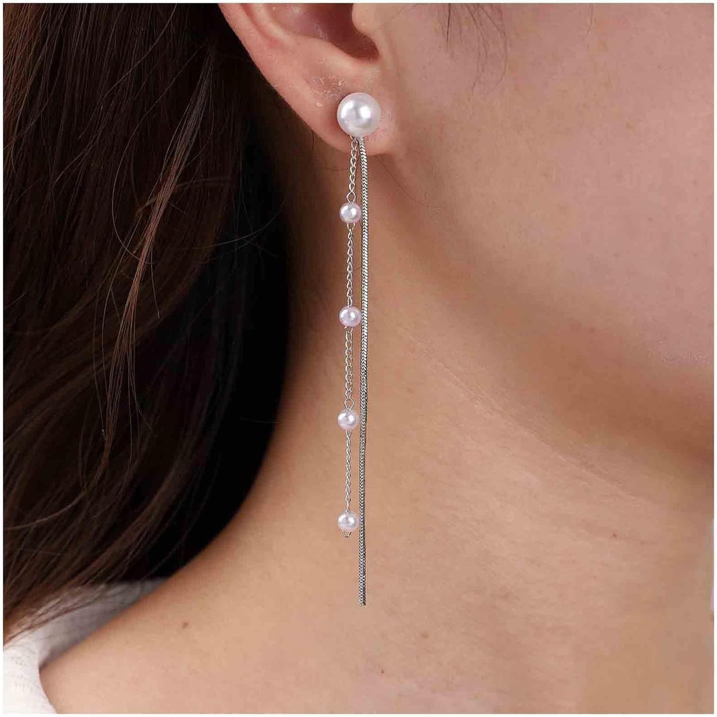 Vintage Pearl Dangle Earrings Long Pearl Chain Earrings Silver Pearl Tassel Drop Earrings Tiny Pearl Bridal Earrings Jewelry for Women