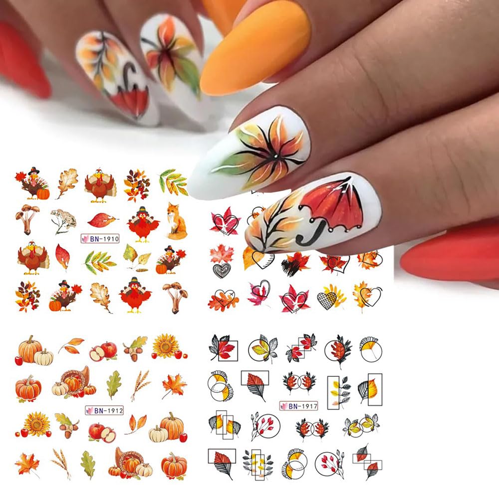Fall Maple Leaf Nail Art Stickers Autumn Nail Art Water Decals Transfer Nail Supplies Maple Leaves Turkey Pumpkin Design Slider Sticker for Women Acrylic Nail Fall Thanksgiving Nail Decorations 12 PCS