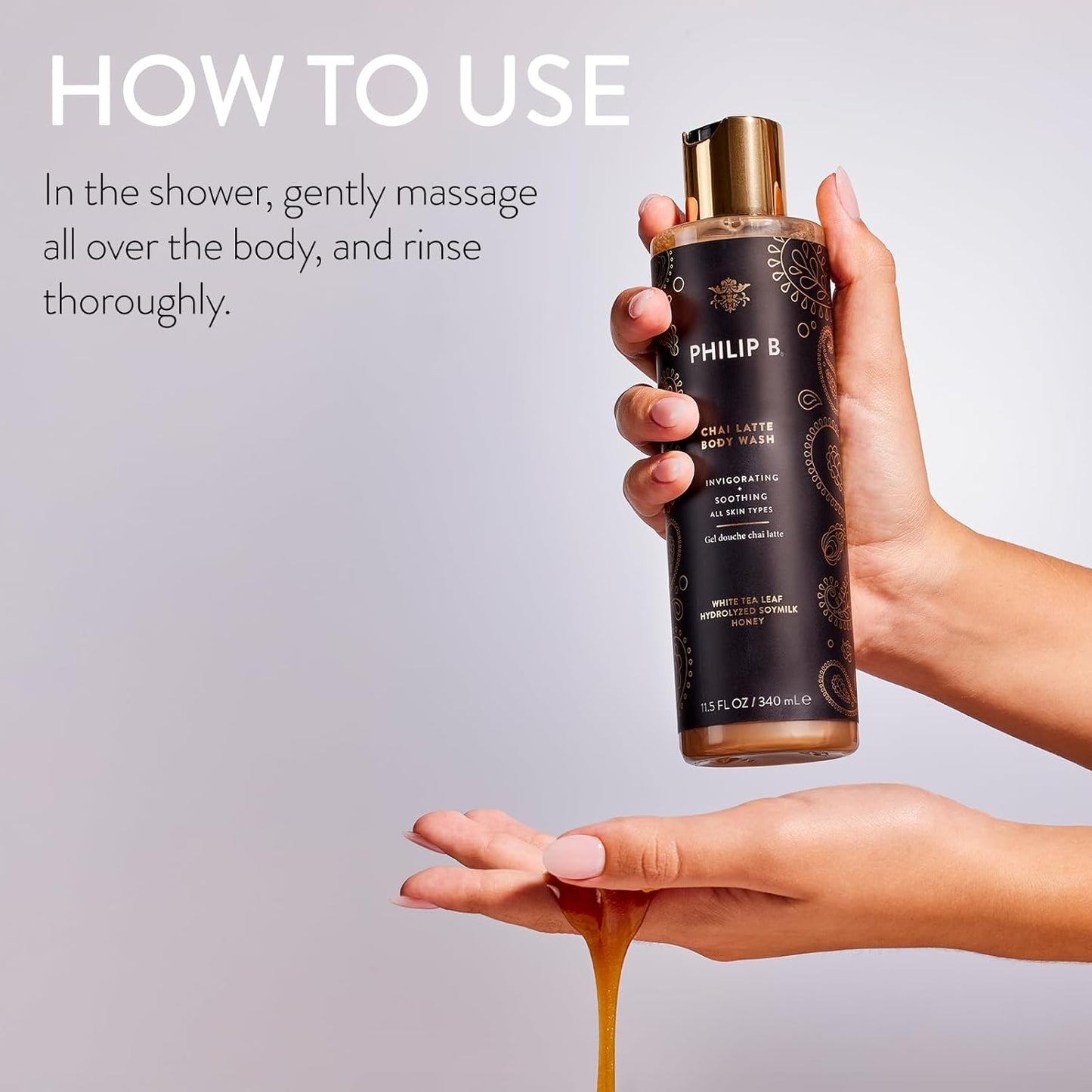 PHILIP B Chai Latte Body Wash 11.5 Fl Oz (340mL) - Invigorating + Soothing, Formulated with White Tea Leaf, Hydrolyzed Soymilk & Honey, for All Skin Types