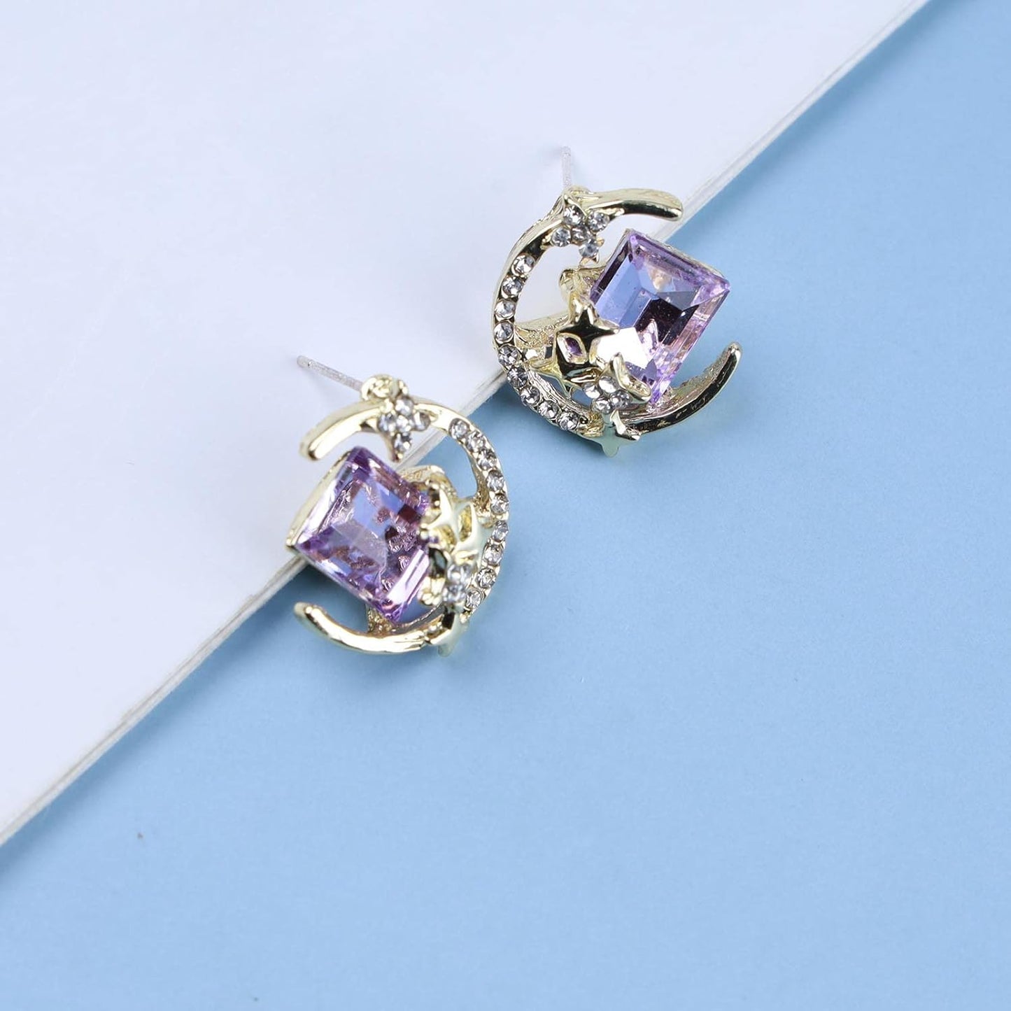 Vintage Purple Crystal Moon Earrings Amethyst Square Stud Earrings Rhinestone Crescent Earrings Gold Cz Star Stud Earrings Jewelry for Women
