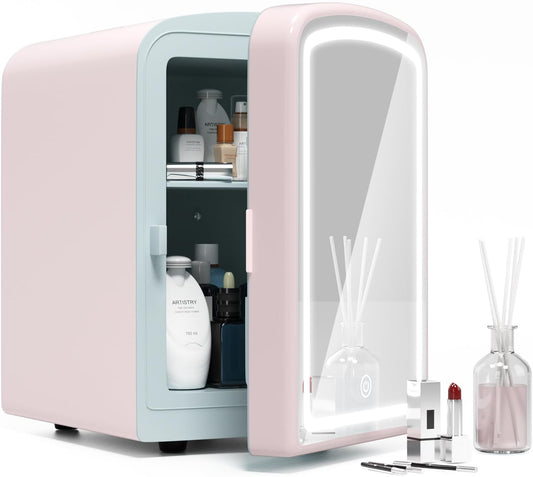 Mini Fridge for Skin Care, 4 Liter Portable Small Fridge with Dimmable LED Mirror, Hot or Cold Personal Beauty Refrigerator for Bedroom, Office, Car, Makeup(Pink)