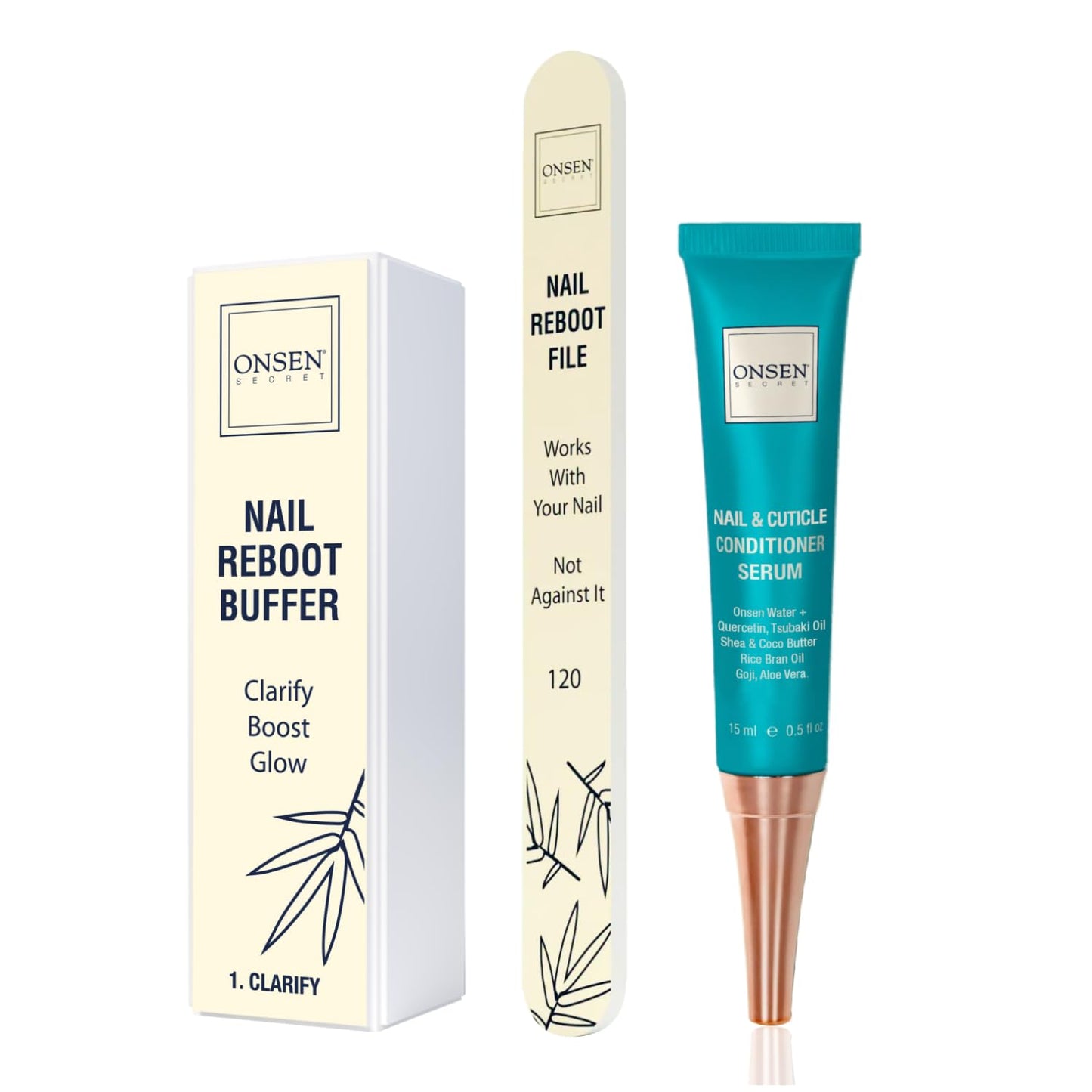Onsen Japanese Nail File Buffer Sparkle-KIT 1.0, A Free 120/180 Grit Nail File,3-Way Buffer Block, Cuticle Serum with Cuticle Oil in Action-15ml, Optimum Care Series