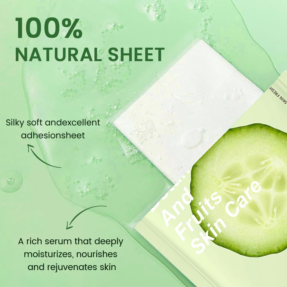 8 Pack Cucumber Face Sheet Mask Skincare,Hydrating Face Mask For Sensitive Skin,Moisturize,Soothing,Nourish for All Skin Types,Natural Spa Party Facial Mask Skincare Set for Women Men Girls