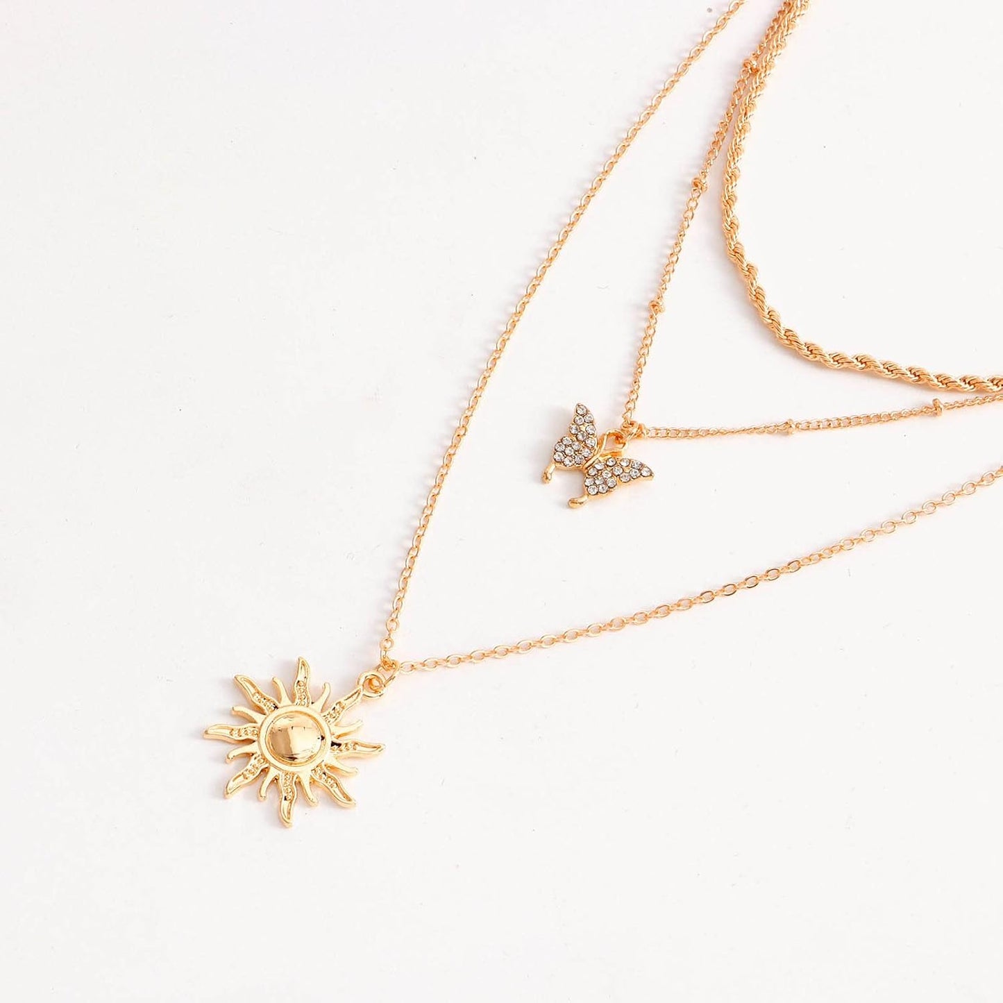 Bohemia Layered Sun Necklace Choker Crystal Butterfly Pendant Necklace Gold Rope Chain Necklace Vintage Sunflower Necklace Jewelry for Women and Girls