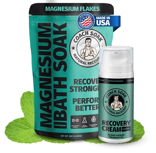 Coach Soak Recovery Bath Soak & Cream - Alternative to Epsom Salt Bath Soak - Fast-Absorbing Pure Magnesium Flakes with 21 Minerals, Bath Salts & Essential Oils - 2 Pack - Cooling Peppermint