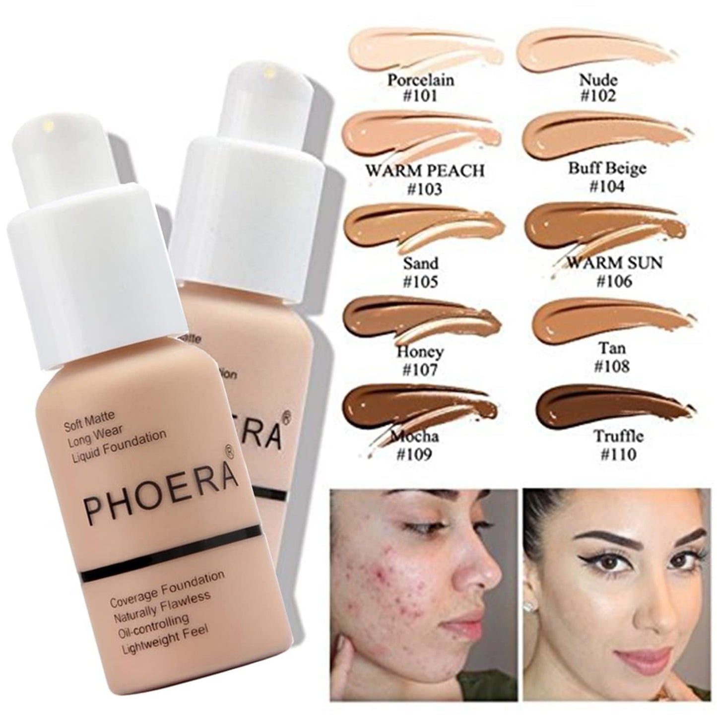 PHOERA Foundation, PHOERA Matte Liquid Foundation,PHOERA Makeup for Women, PHOERA Foundation Full Coverage Concealer, 30ml 24HR Matte Oil Control Concealer (108-Tan*2)