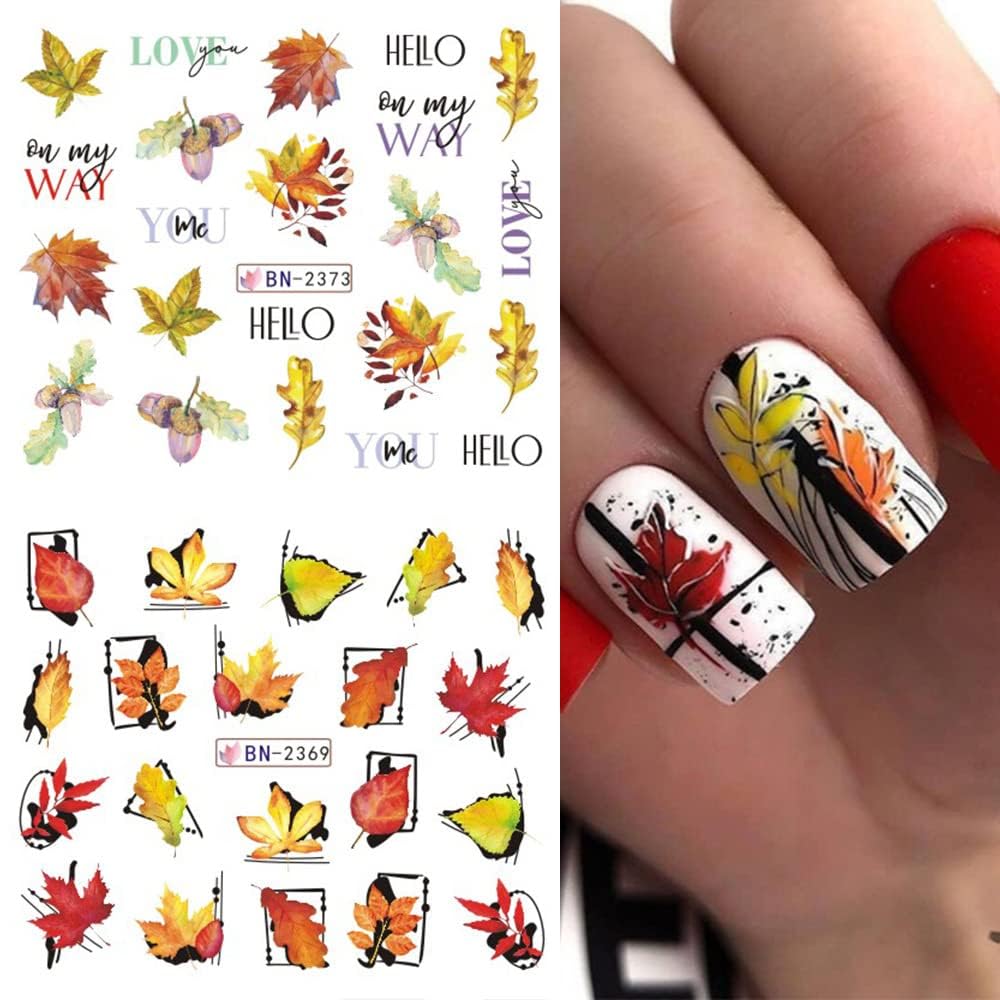 Maple Leaf Nail Art Stickers Fall Nails Water Transfer Slider Foils Autumn Nail Decorations, Harvest Pumpkin Pinecone Maple Leaves Pattern Acrylic Nail Sticker for Thanksgiving Nail Art Supplies 12Pcs