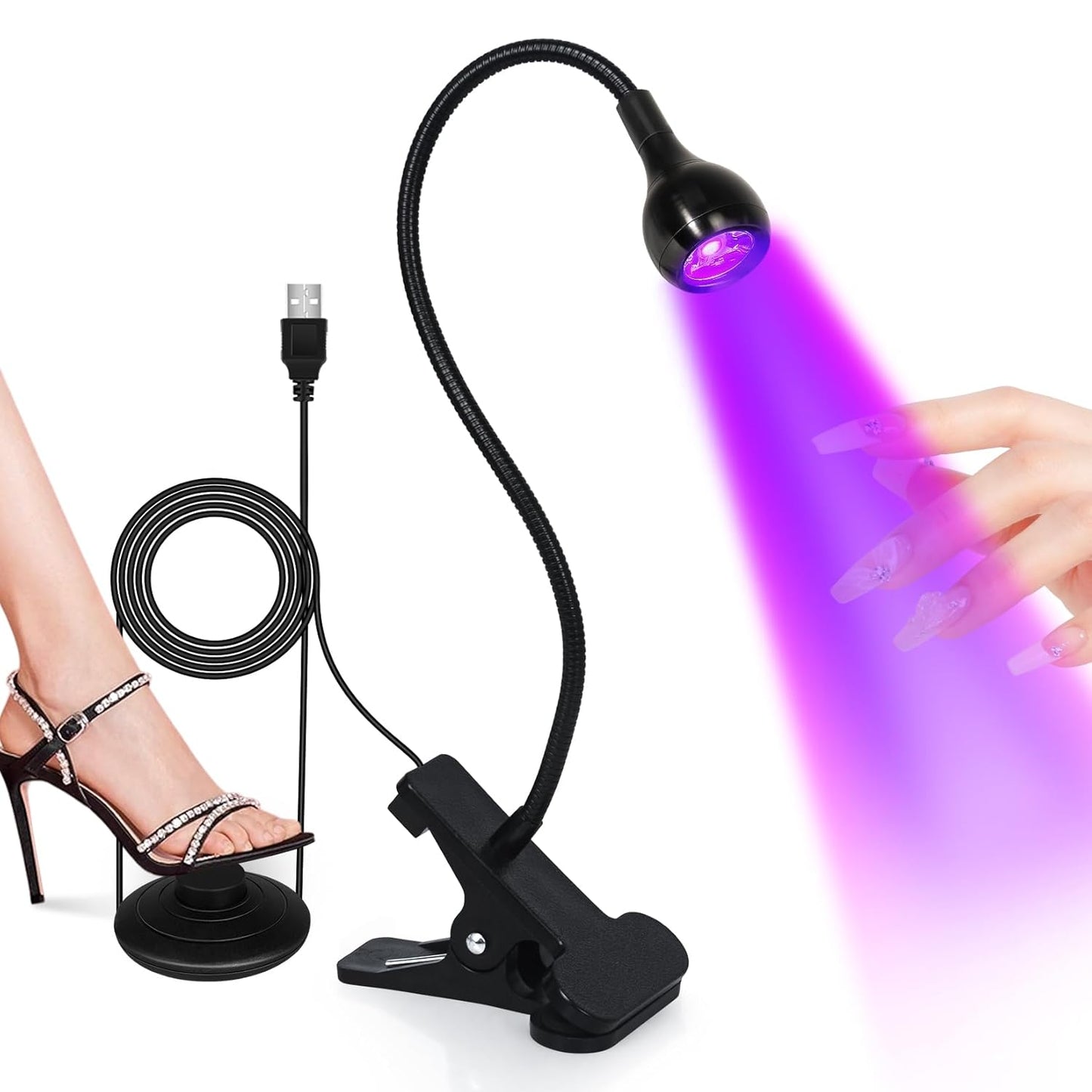 AORAEM UV LED Nail Lamp, Quick Drying UV Light for Gel Nails Foot Control LED Nail Cure Lamp, Flash Cure Light with Black Gooseneck and Clamp for Gel Nails