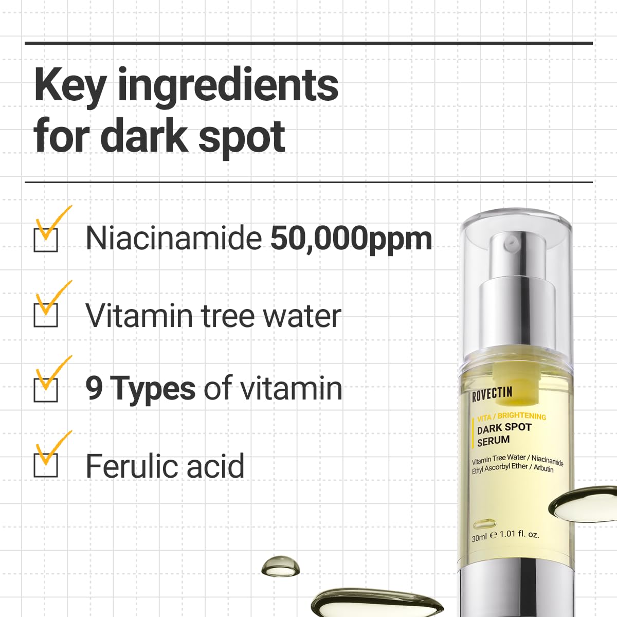 ROVECTIN Vita Dark Spot Serum for Clearing Blemish and Evening Skin Tone | Rich Vitamin C, Brightening, Hydrating For Dry, Sensitive, Normal, Oily Skin | Vegan K-Beauty (1.01 Fl. Oz, 30ml)