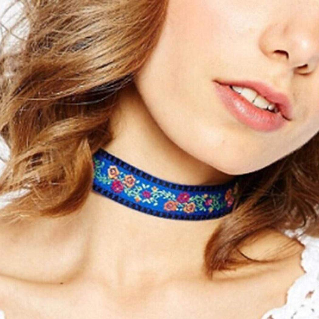 Boho Necklace Flower Choker Necklace Leaves Chain Necklace Jewelry for Women and Girls (Blue)