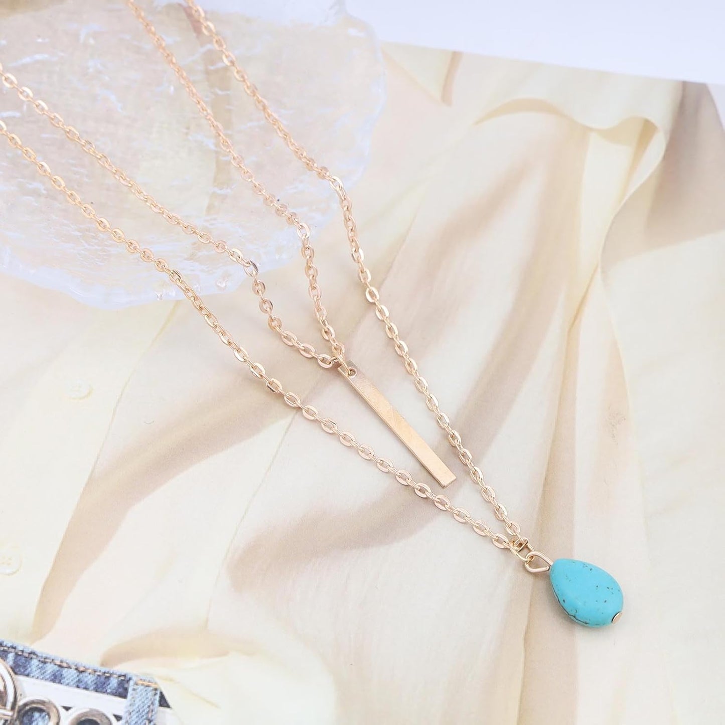 Boho Teardrop Turquoise Neckalce Layered Turquoise Pendant Neckalce Gold Bar Pendant Necklace Vintage Layering Turquoise Water drop Necklace Jewelry for Women and Girls