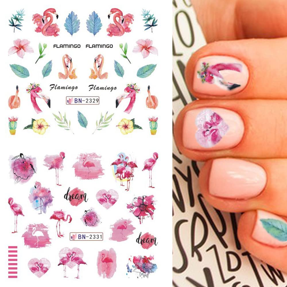 Flamingo Nail Art Stickers Water Transfer Nail Decals Summer Nail Art Decoration Palm Leaves Flowers Cactus Designs Acrylic Nail Stickers Manicure for Women DIY Nails 12 Sheets