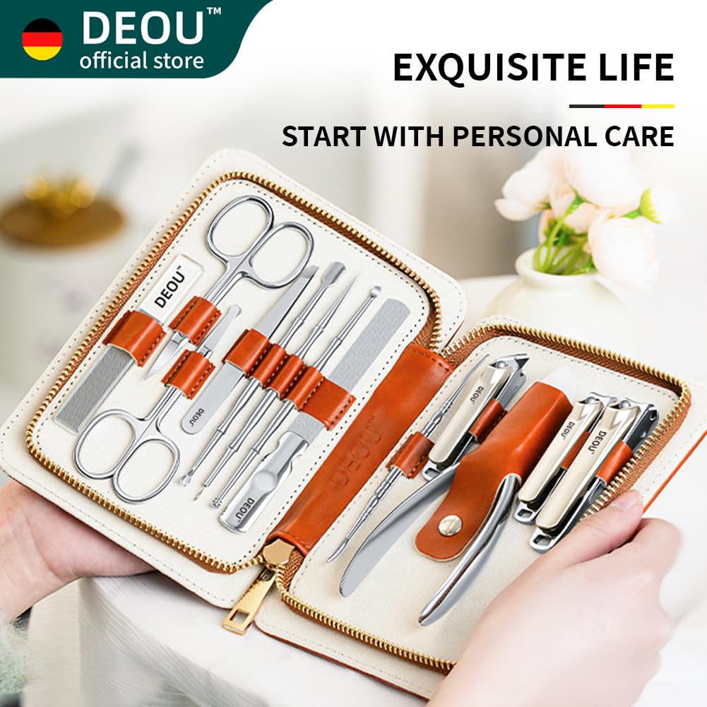 DEOU 13pcs Women Nail Grooming Kit Stainless Steel Professional Manicure Set Nail Care Tools with Luxurious Portable Travel Case Gift