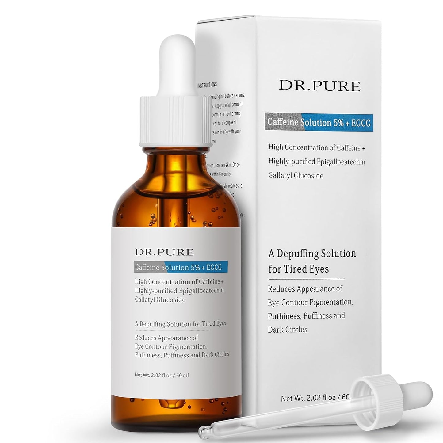 Dr. Pure Caffeine Solution 5% EGCG: Eye Contour Serum for Reduce Puffiness - Dark Circles Depuffing Solution for Tired Eyes Hydrating and Smoothing Formula with Hyaluronic Acid 2 Fl Oz