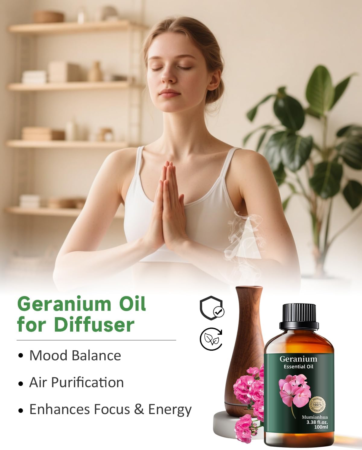 Mumianhua 100% Pure Geranium Essential Oil Natural Geranium Oil for Skin, Diffuser, Massages, DIY, Skin, Hair, Bath, Aromatherapy, Soap Making, Candle Making 3.38 Fl oz