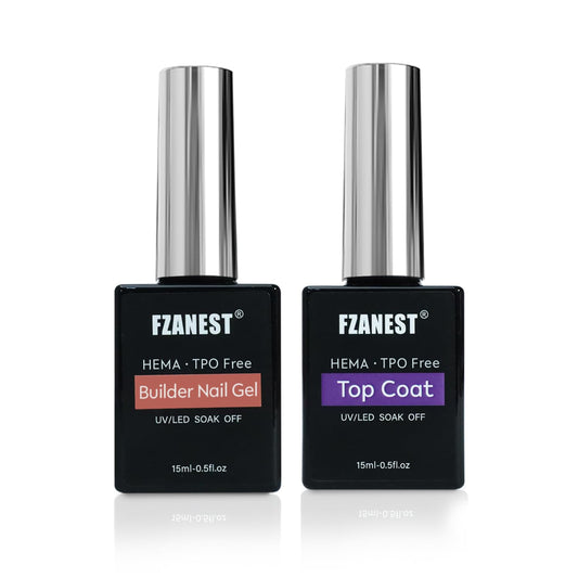 FZANEST Builder Nail Gel and Top Coat, 15ml * 2Pcs Hema & TPO-Free Builder Gel Nail Kit Strengthen Extension No Wipe Ultra Shine Top Coat Nail Polish Soak Off UV Led