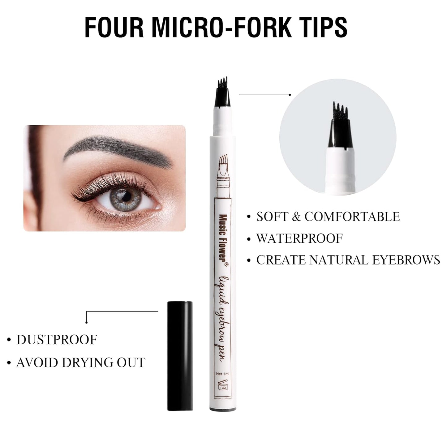 Music Flower Eyebrow Pencil, Liquid Eyebrow pen, Smudgeproof Long Lasting Fine Sketch Brow Pen with Micro-Fork Tip,Waterproof Microblading Pen-Black