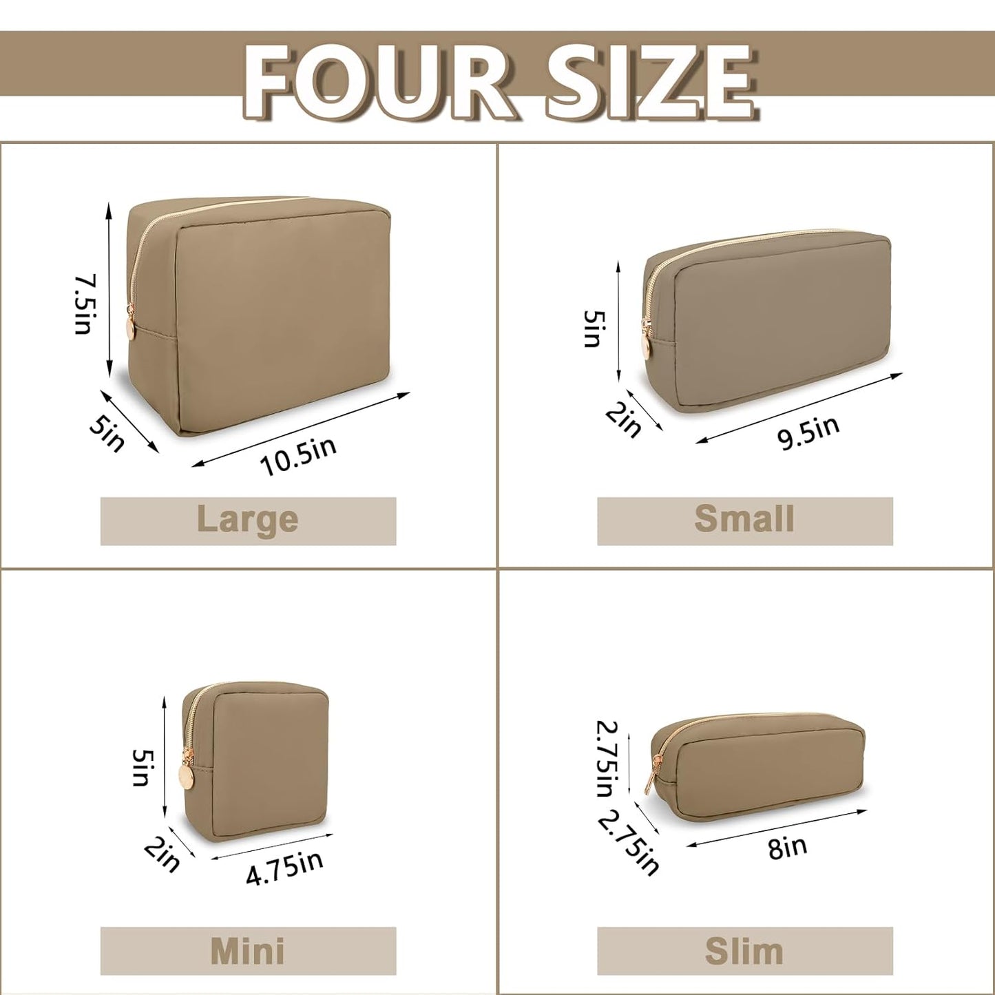 Small Pencil Case Makeup Bag for Purse, Cute Pencil Pouch Preppy Nylon Makeup Brush Pouch with Zipper, Girls Portable Stationery Storage Case for Office School College(Slim-Khaki)