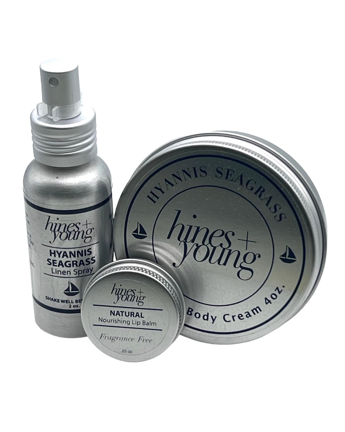 Hines+Young Travel Tins Gift Set - 4 oz Body Cream, 2 oz Linen Spray, Natural Lip Balm - Skin Care and Refreshing Home Fragrance, Ideal Self-Care Gift Set (Pack of 3, Hyannis Seagrass)