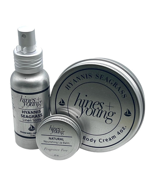Hines+Young Travel Tins Gift Set - 4 oz Body Cream, 2 oz Linen Spray, Natural Lip Balm - Skin Care and Refreshing Home Fragrance, Ideal Self-Care Gift Set (Pack of 3, Hyannis Seagrass)