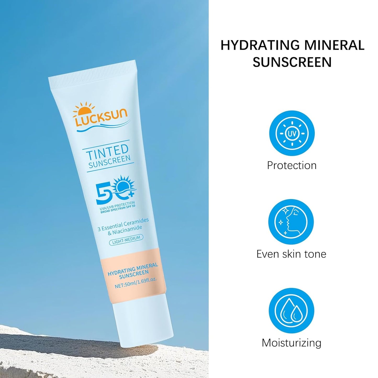 Tinted Sunscreen for Face SPF 50, 2 PCS Defense SPF 50 Face Sunscreen Lotion with Hyaluronic Acid, Sun Essence Faces Sunscreens, Hydrating, Moisturizing, UV Defense, Travel Size (Medium Color)