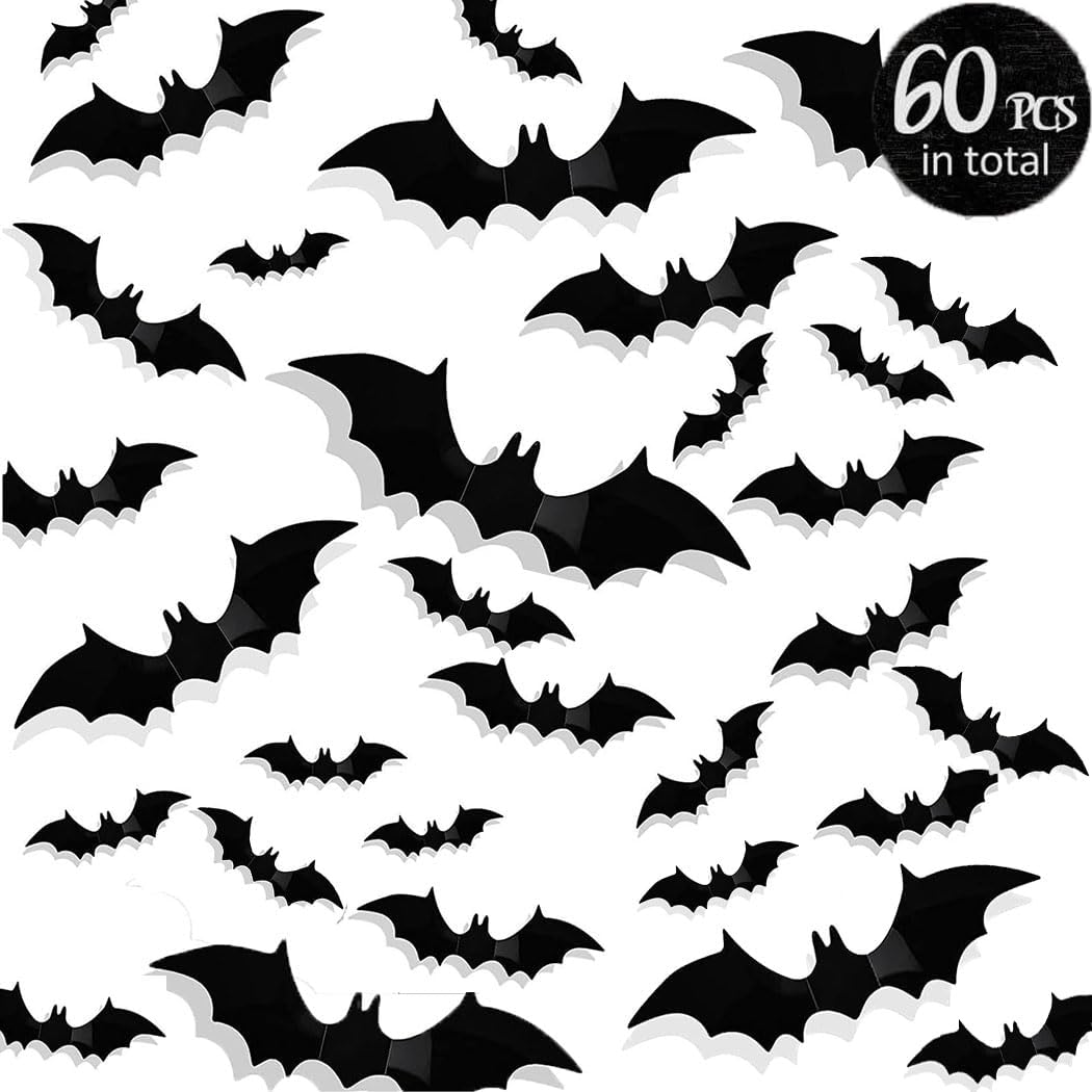 Halloween 3D Bats Decorations Halloween Bats Decoration Sticker Waterproof Scary Bats Wall Decor for Halloween Home Decor Wall and Party Decoration 60Pcs