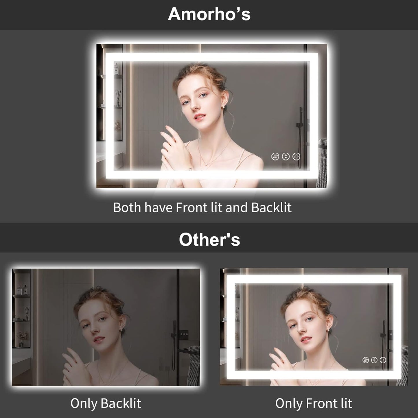 Amorho LED Bathroom Mirror 38'' X38'' with Front and Backlit, Stepless Dimmable Wall Mirrors with Anti-Fog, Shatter-Proof, Memory, 3 Colors, Double LED Vanity Mirror