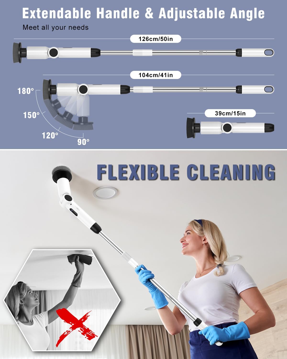 Electric Spin Scrubber, [IPX7 Waterproof ] [50KG Torque] Shower Scrubber with 9 Brush Heads, 2 Speed Mode, 4 Adjustable Angles, Electric Brush for Cleaning for Bathroom Floor Tile