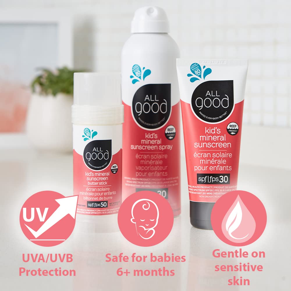 All Good Baby & Kids Sunscreen Lotion for Face & Body - UVA/UVB Broad Spectrum, SPF 30, Zinc Oxide, Coral Reef Friendly, Water Resistant- Zinc, Shea Butter, Coconut Oil, Aloe (3 oz)(2-pack)
