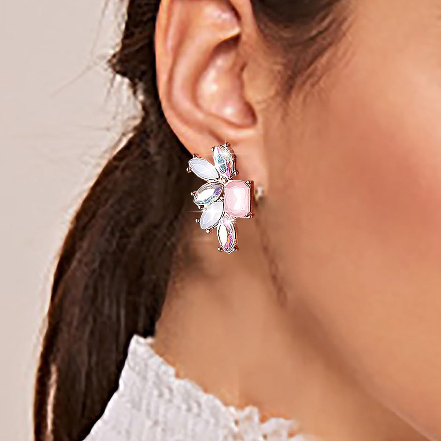 Vintage Rainbow Crystal Drop Earrings Colorful Crystal Earrings Rainbow Rhinestone Stud Earrings Pink Cz Square Earrings Jewelry for Women